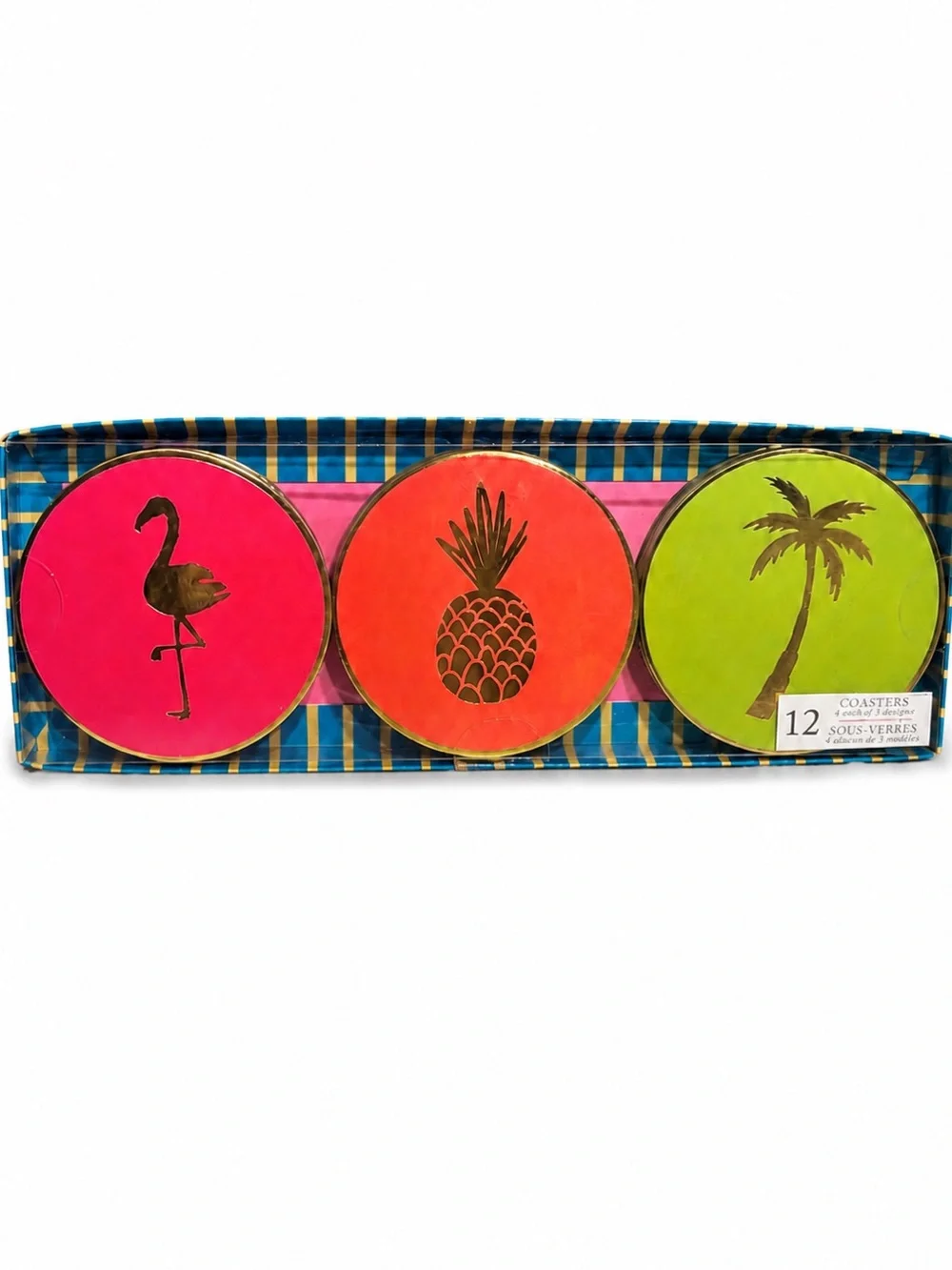 NIB Molly & Rex Tropical Flamingo Pineapple Palm Tree Coaster Set 12 Gold Foil